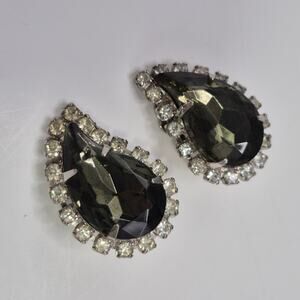 Vintage Rhinestone and Faceted Gray Glass Teardrop Clip-on Earrings 1950s Glam